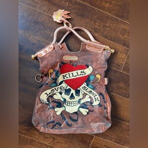 Ed Hardy Tan and Red Love Skull Tote